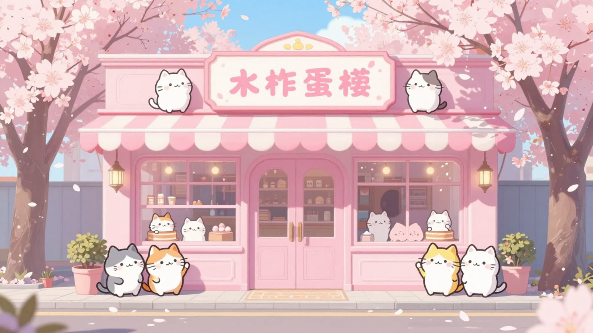 Cute pink street with a kawaii bakery, cherry blossoms, and adorable cats.