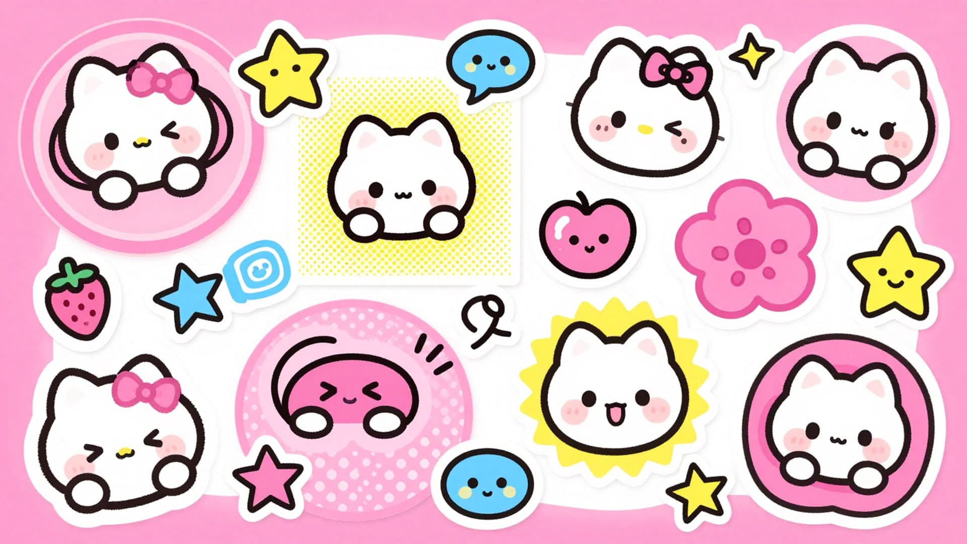 Playful kawaii mashup collage with doodles, stickers, and vibrant pink tones.