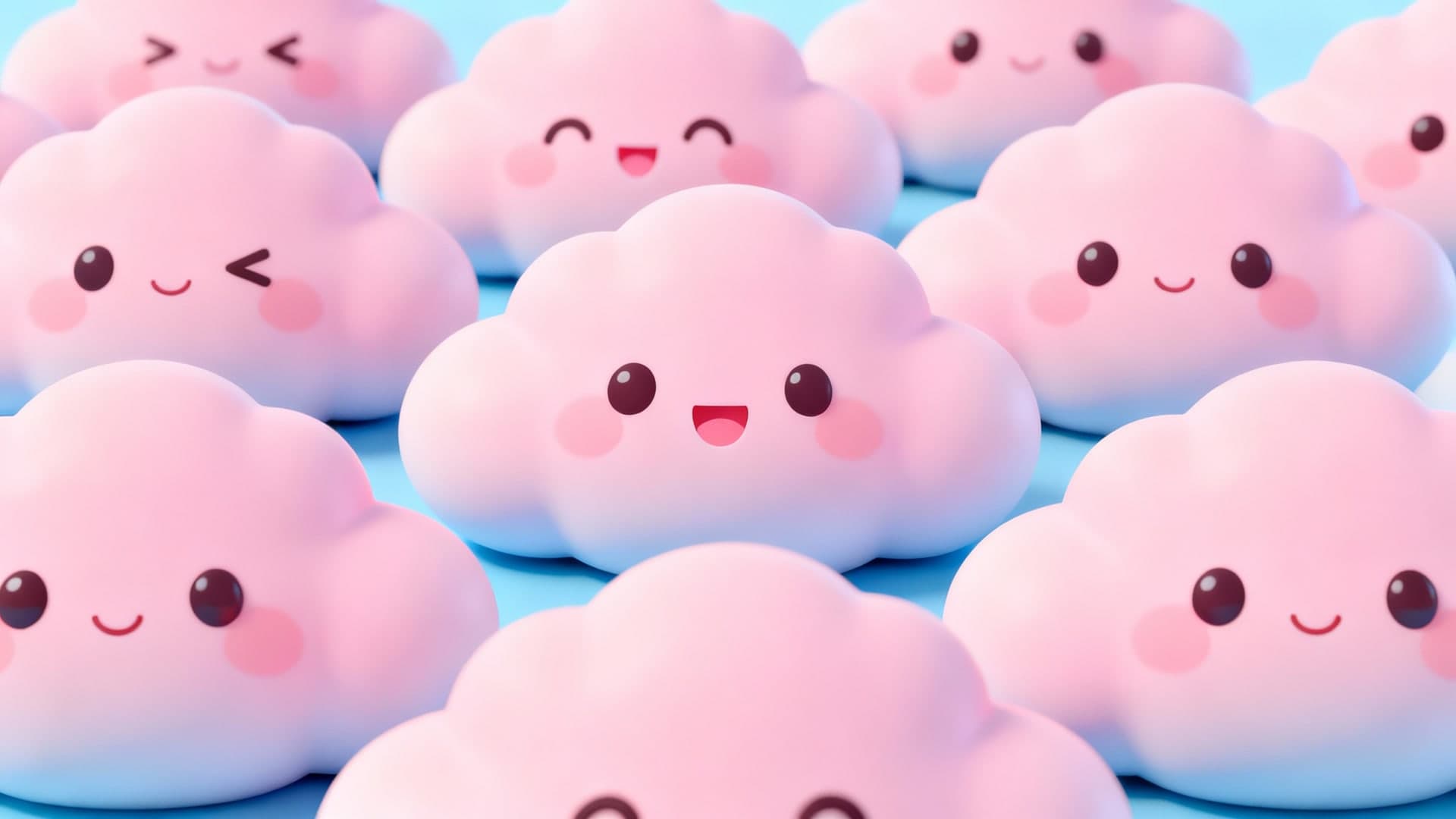 cute kawaii-style pink cloud characters with expressive faces, soft rounded 3D shapes, pastel tones, adorable repeating cluster layout, cinematic 16:9 composition, no text, no watermark, no phone frame