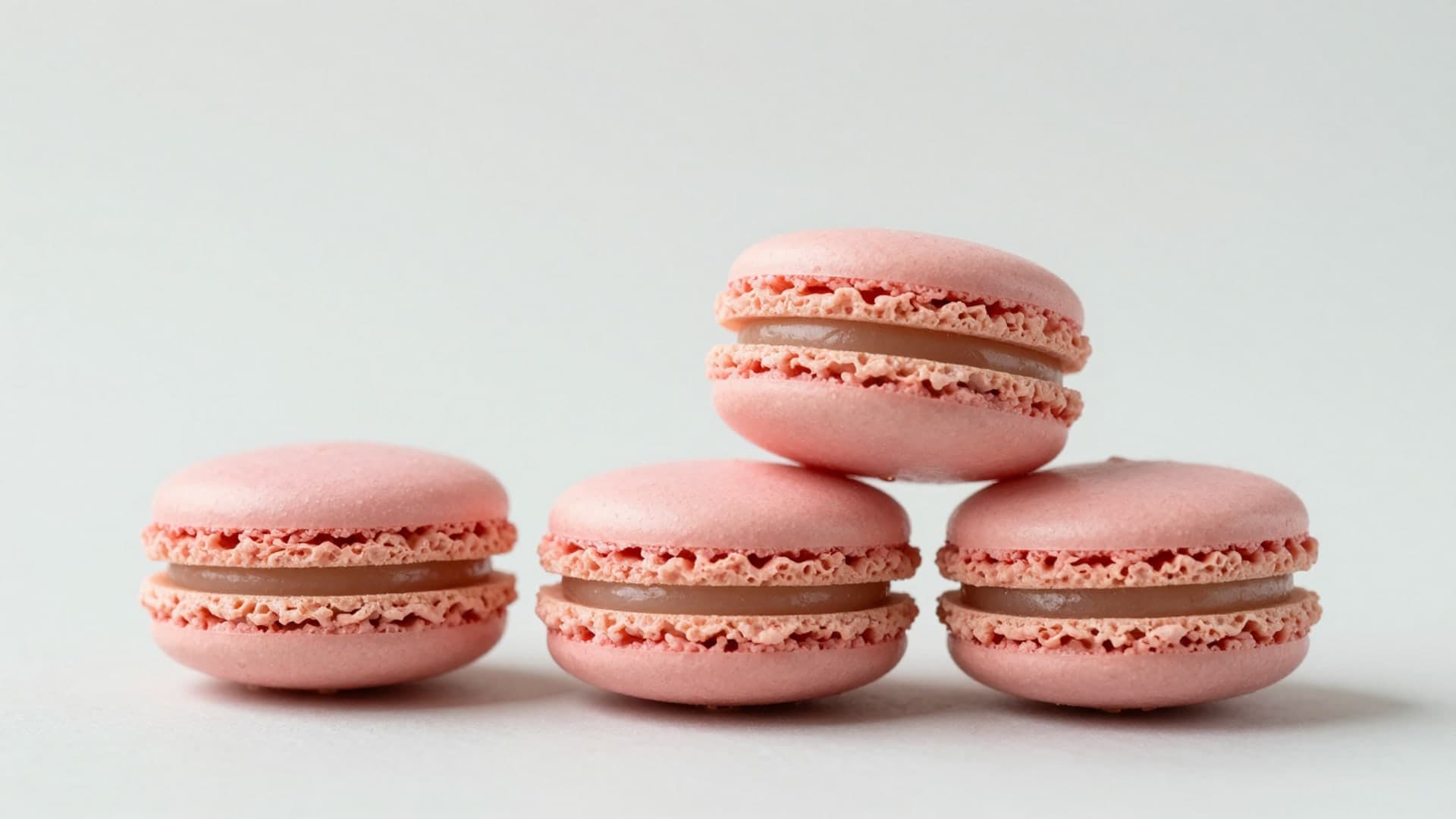 Pink macarons arranged on a soft pastel background with playful minimal composition.