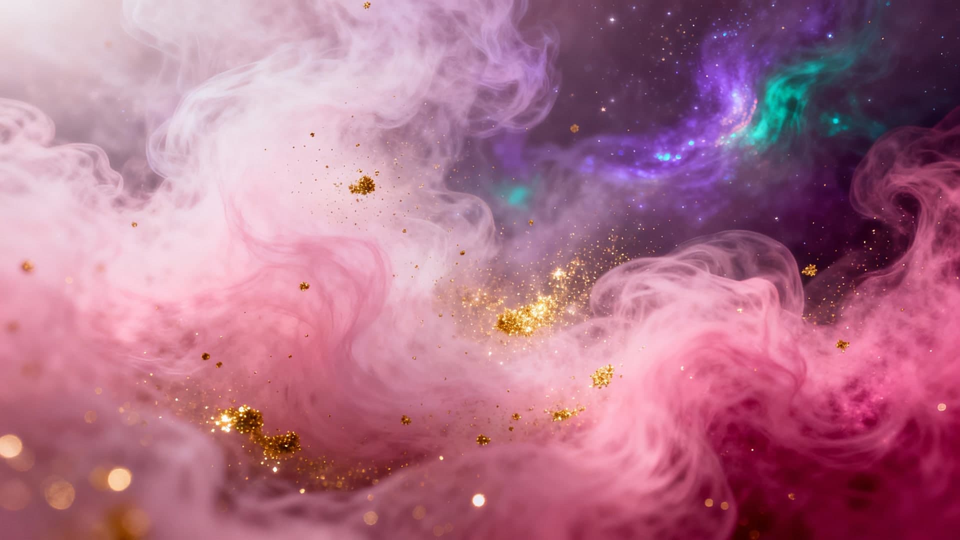 soft swirling pink mist with floating golden dust, dreamy galaxy-like abstract texture, subtle iridescent highlights and airy gradients, ethereal aesthetic, cinematic 16:9, no text, no watermark, no frame, no mockup