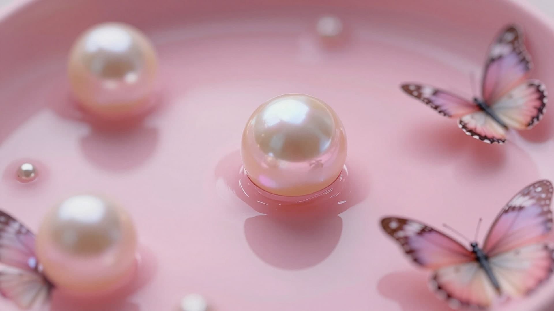 Pink butterflies and pearl shapes floating in glossy liquid.