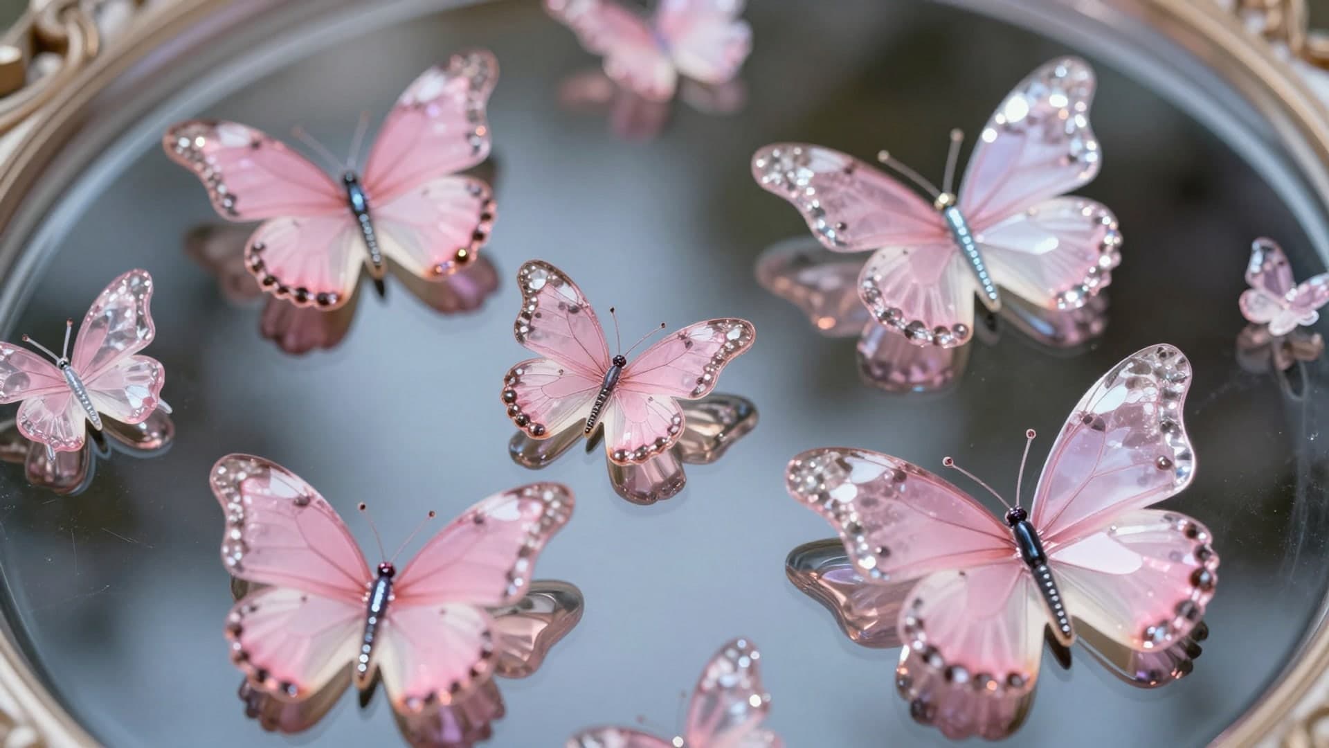 Pink glass butterflies floating over reflective pink liquid.