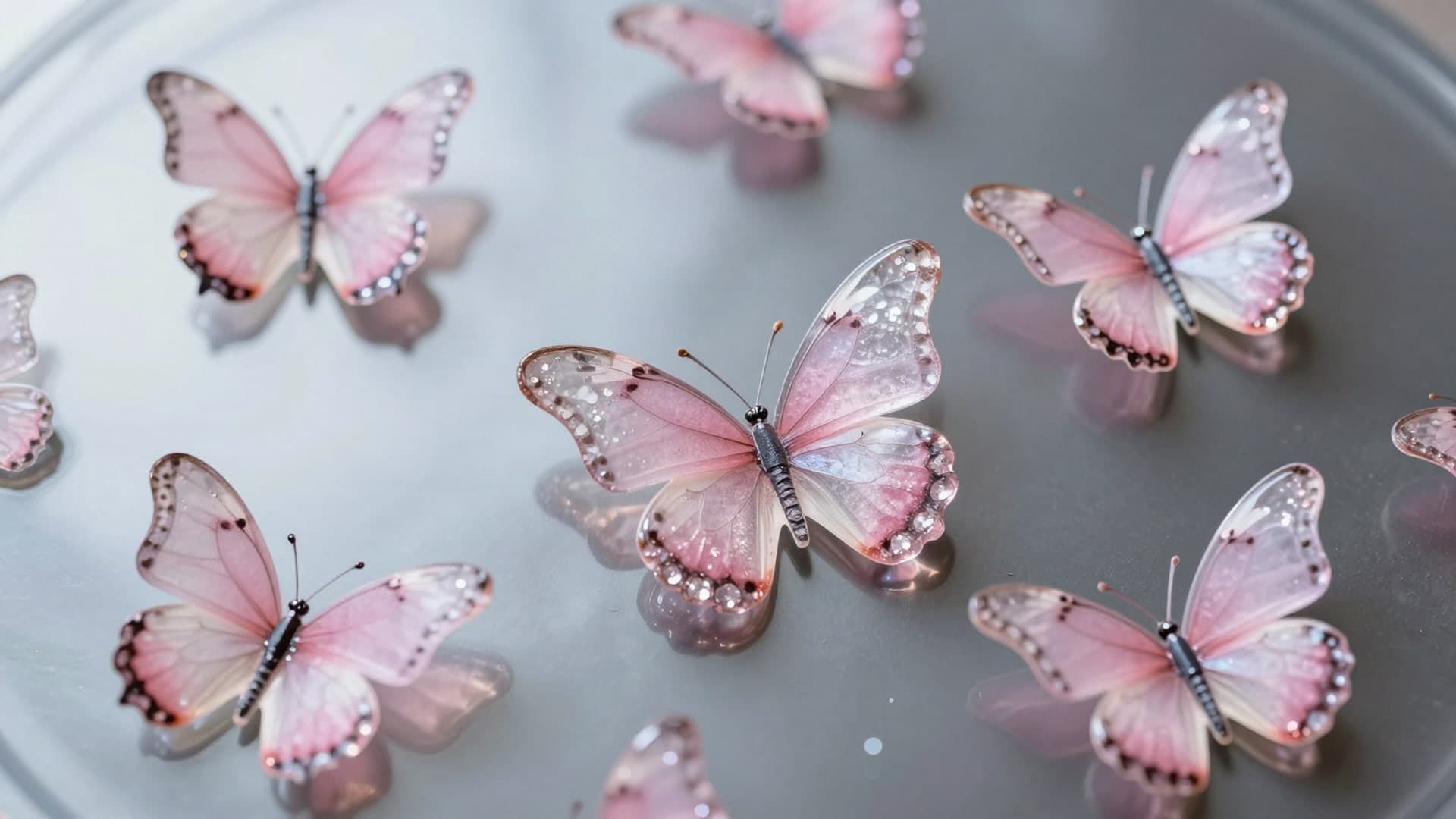 Pink glass butterflies floating over reflective pink liquid.