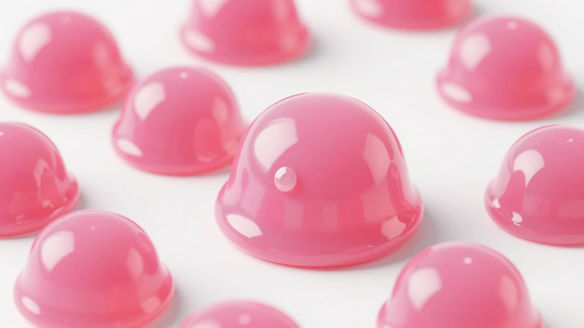 Glossy pink jelly candy shapes layered with playful and shiny 3D textures.