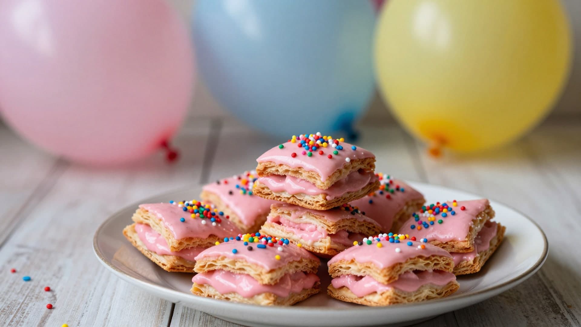 Colorful sprinkled pastry bars on a plate among party decorations.
