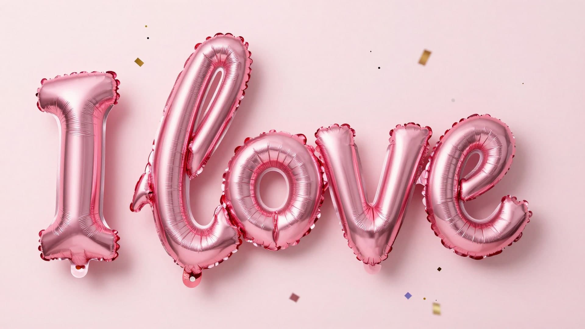 Pink metallic balloon letters forming the phrase I LOVE YOU.