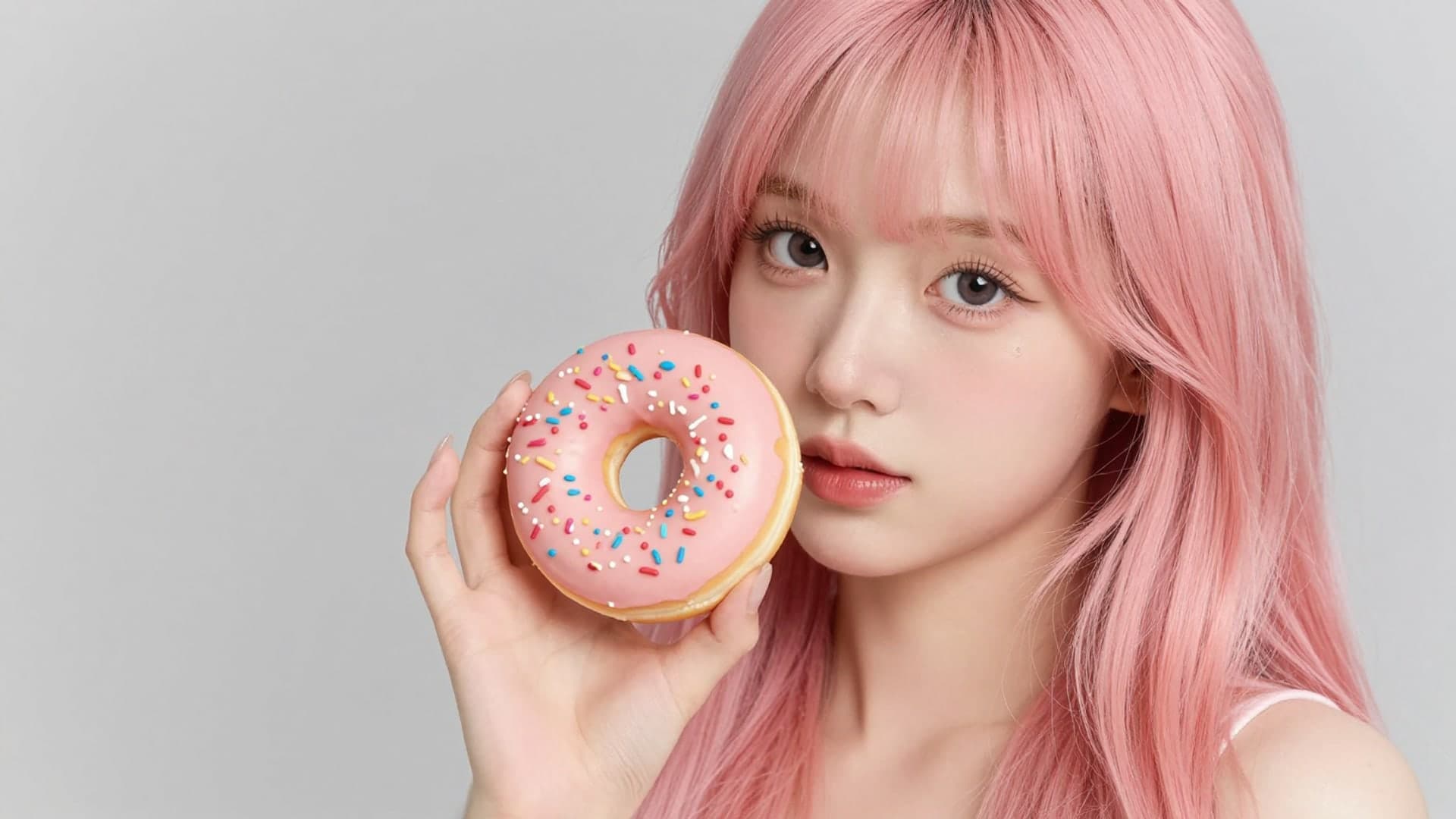 A girl with pastel pink hair holding a sprinkled donut.
