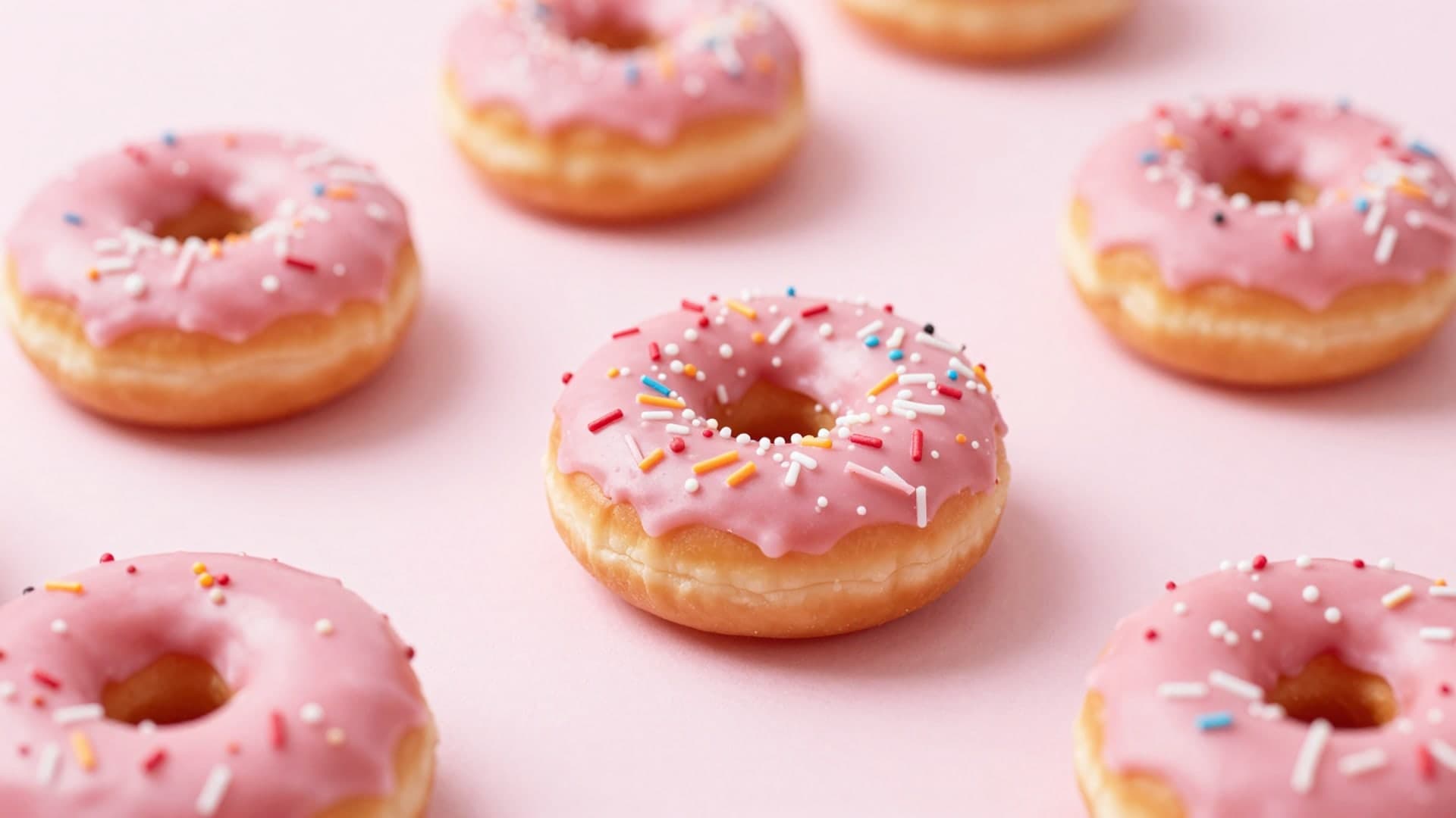 Pink iced donuts with sprinkles placed on a soft pastel background.