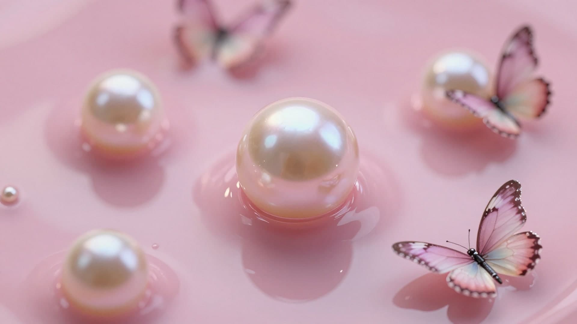 Pink butterflies and pearl shapes floating in glossy liquid.
