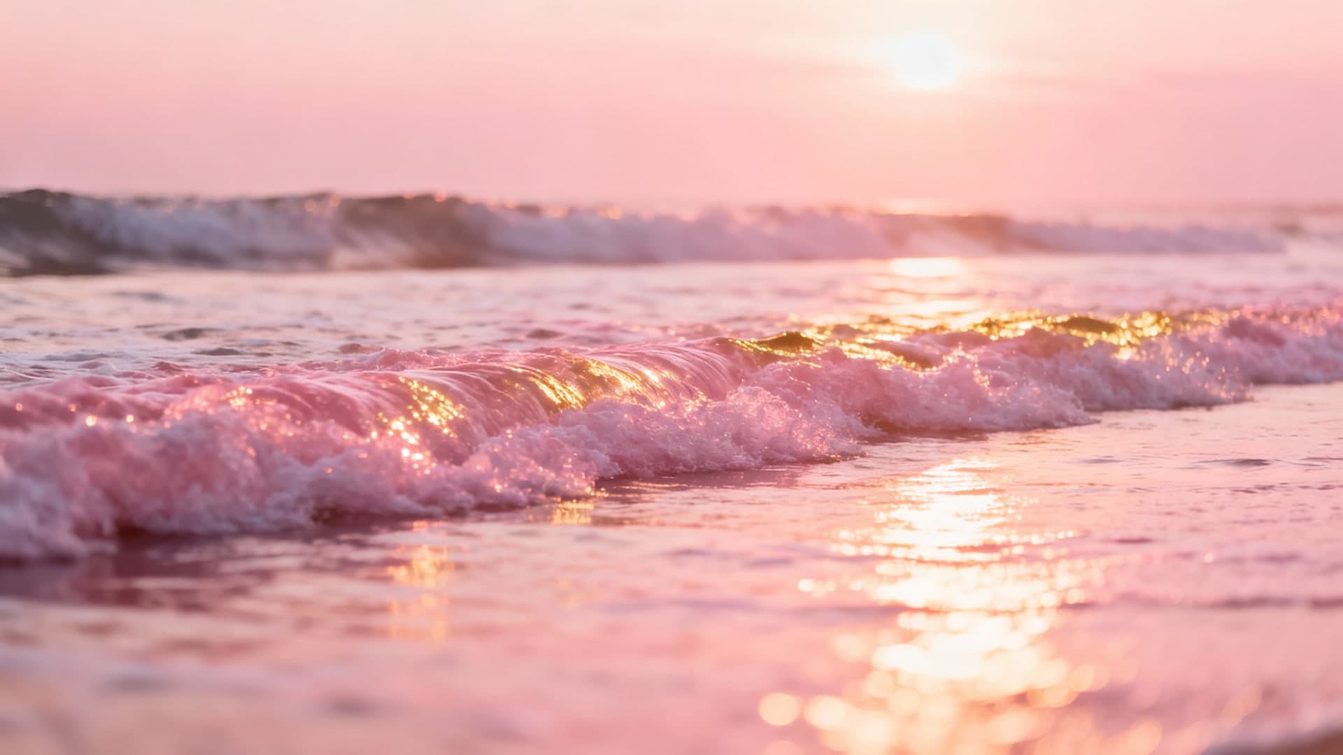pink ocean waves glowing under pastel sunset