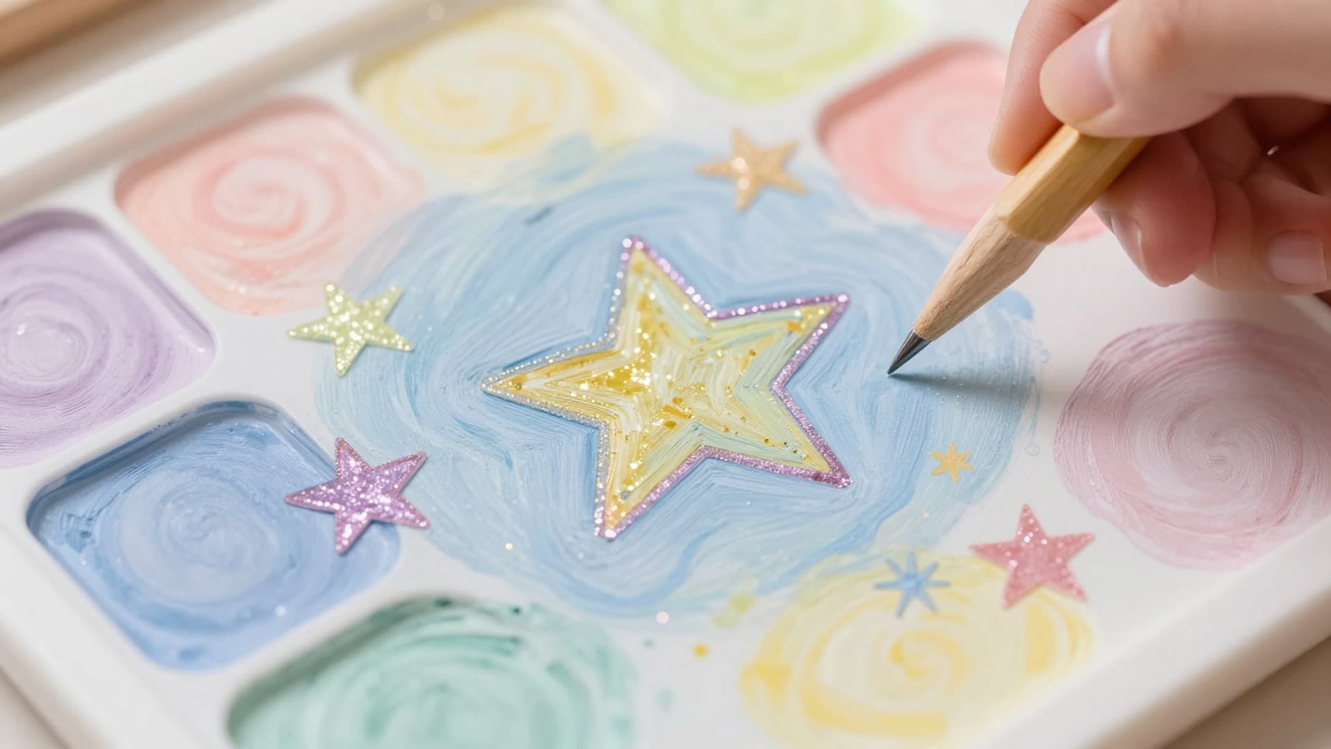 Hand-painted sparkling pattern in colorful star shapes over pink background.