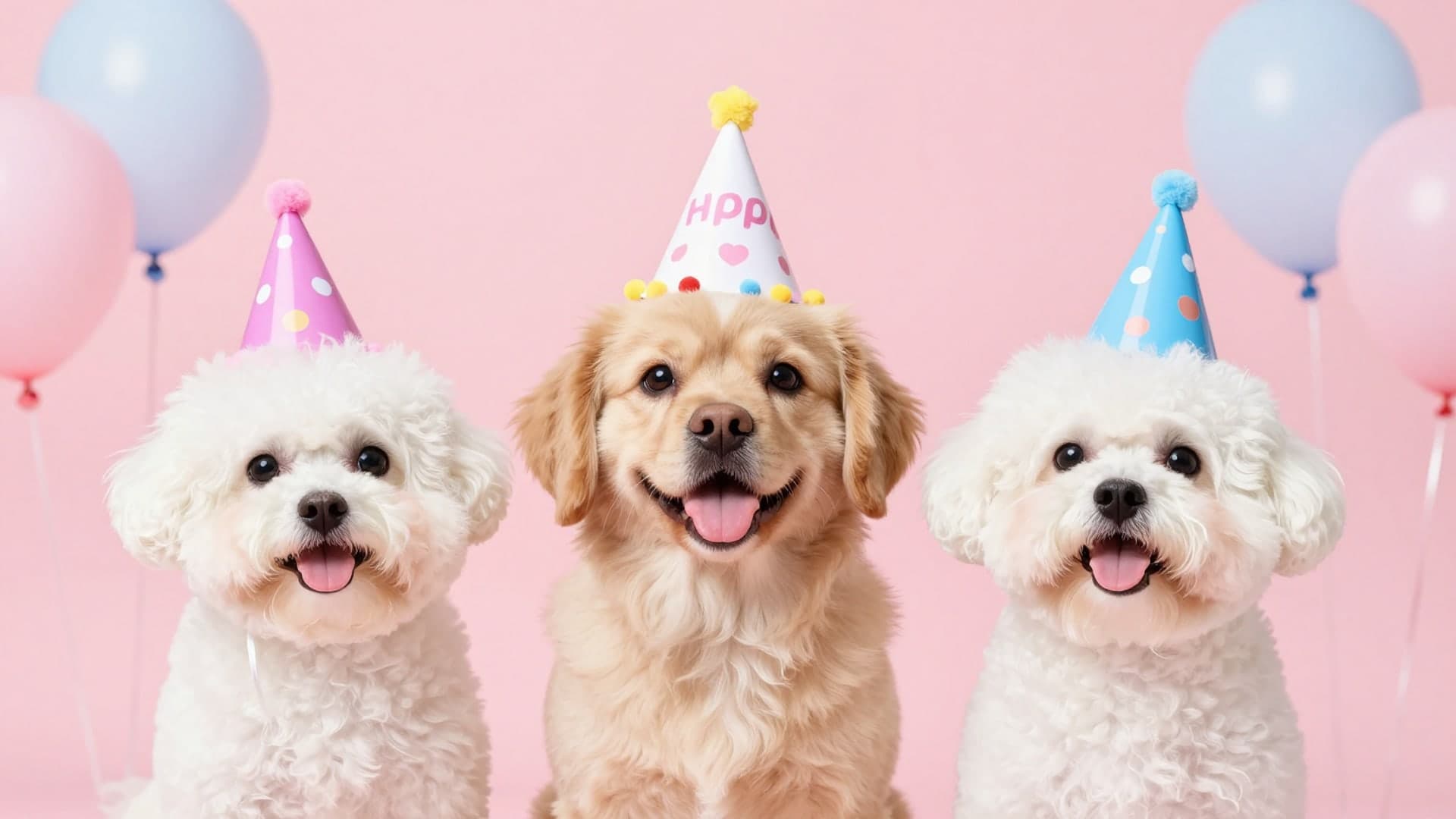 Cute puppies celebrating a party with fun hats and cheerful atmosphere.