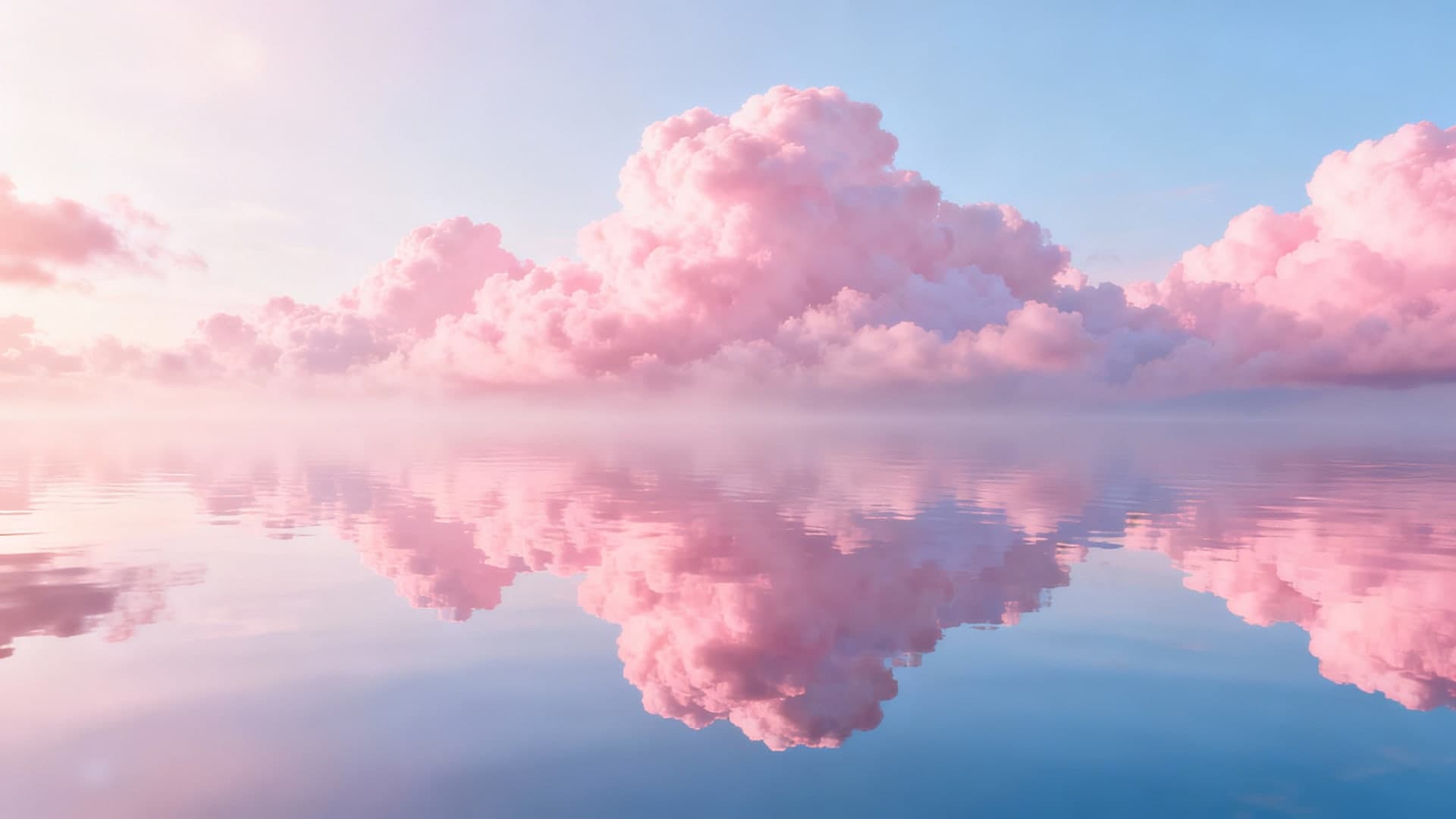 aesthetic pink clouds reflecting across calm water surface