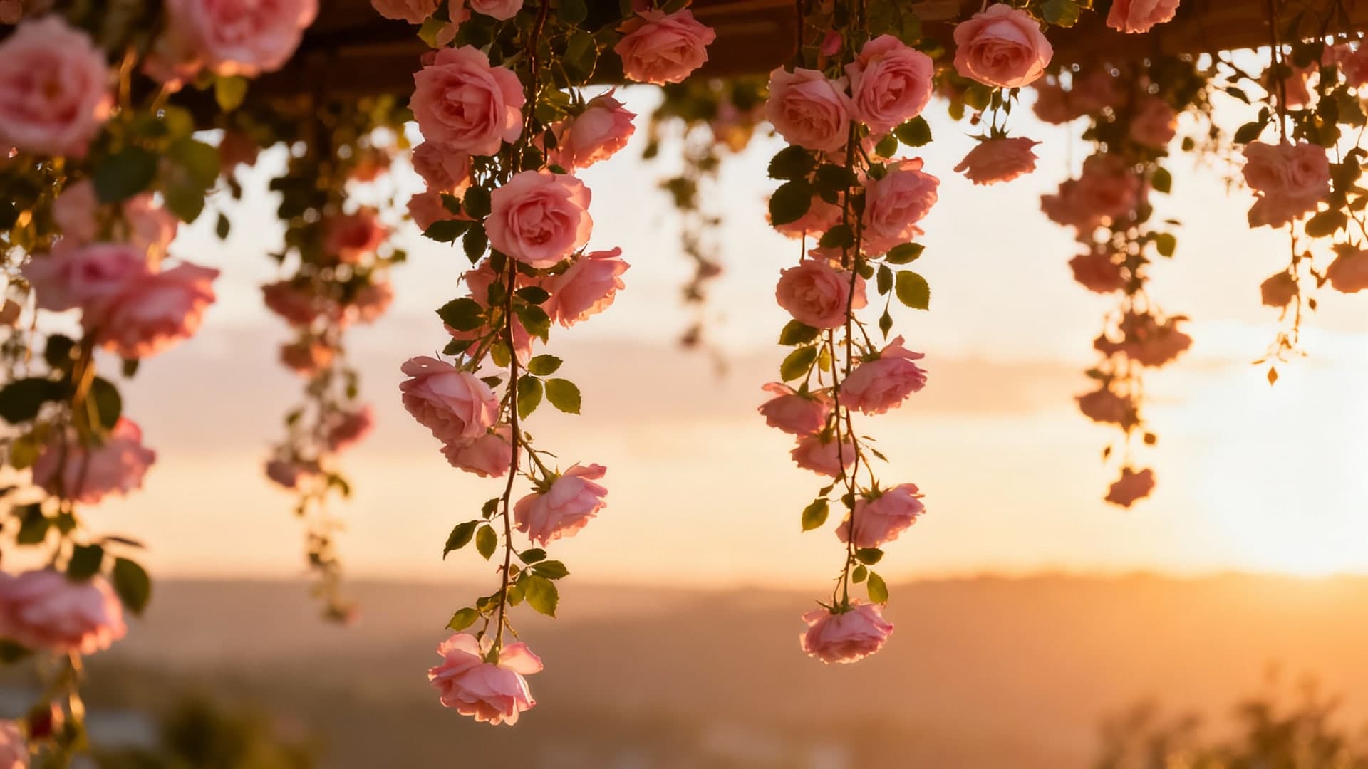 cascading pink rose vines hanging from above, warm sunset glow, soft cinematic shadows, romantic floral atmosphere, dreamy elegant composition, 16:9, no people, no frame, no text, no watermark