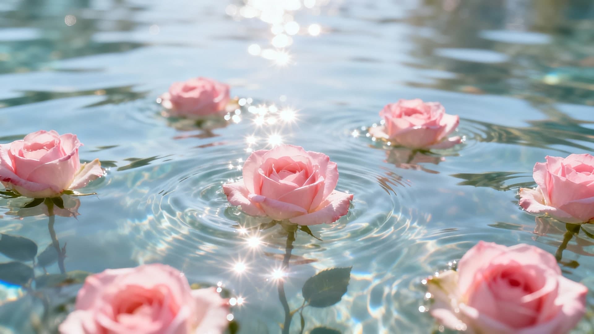 pink roses floating on shimmering water surface, sparkling sunlight reflections, soft dreamy atmosphere, photoreal aesthetic, 16:9 wallpaper, no text, no watermark, no logo