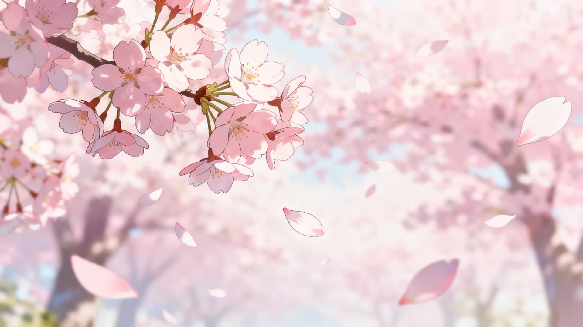 anime-style sakura blossoms in full bloom, delicate petals floating in the air, soft lighting, layered depth, romantic pastel pink tones, illustrated scenery wallpaper, 16:9 composition, no characters, no text, no watermark, no mockup