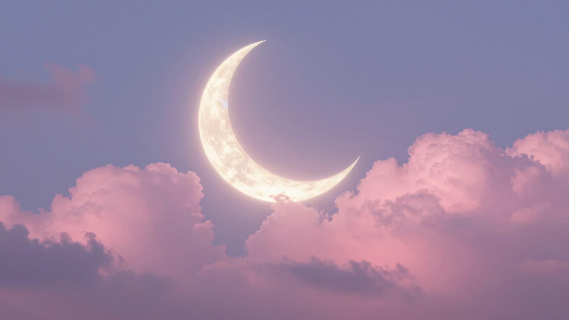 Dreamy pink clouds framing a glowing crescent moon in a calm night sky.