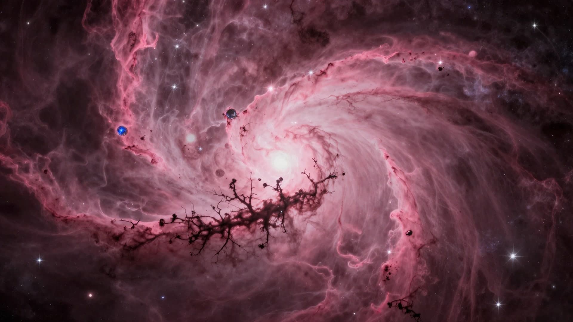 Flowing pink nebula clouds sprinkled with stars.