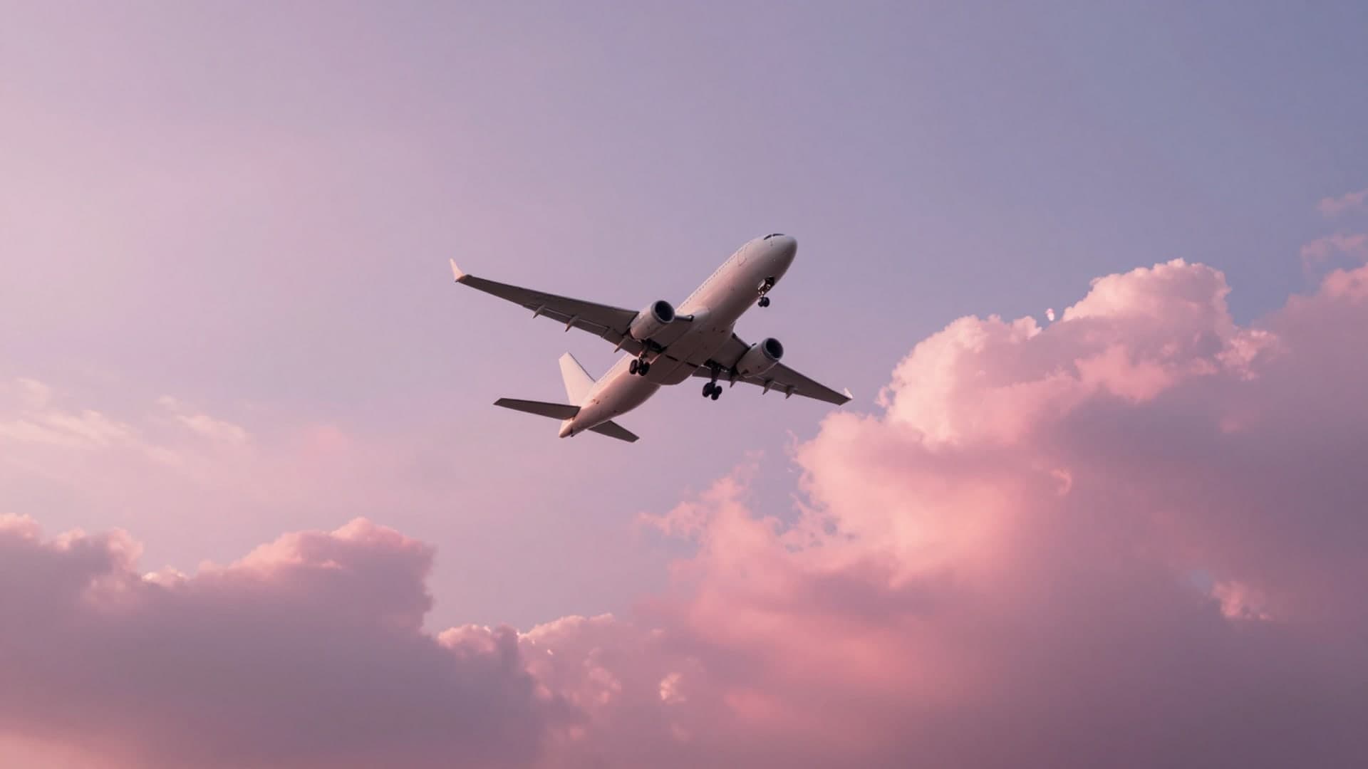 A plane flying across a dreamy pink cloud sky.