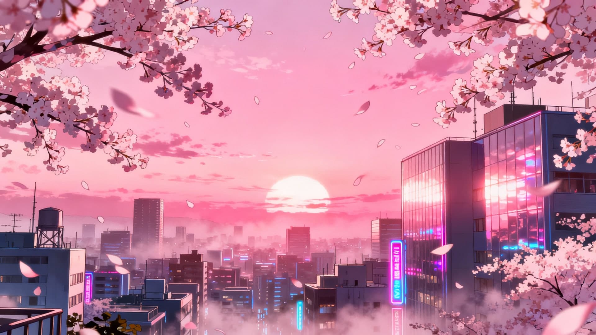 romantic pink sunset over a glowing cityscape, cherry blossoms drifting in the wind, neon reflections, dreamy cinematic lighting, soft atmospheric haze, anime-inspired scenic view, 16:9, no characters, no text, no watermarks, no signage