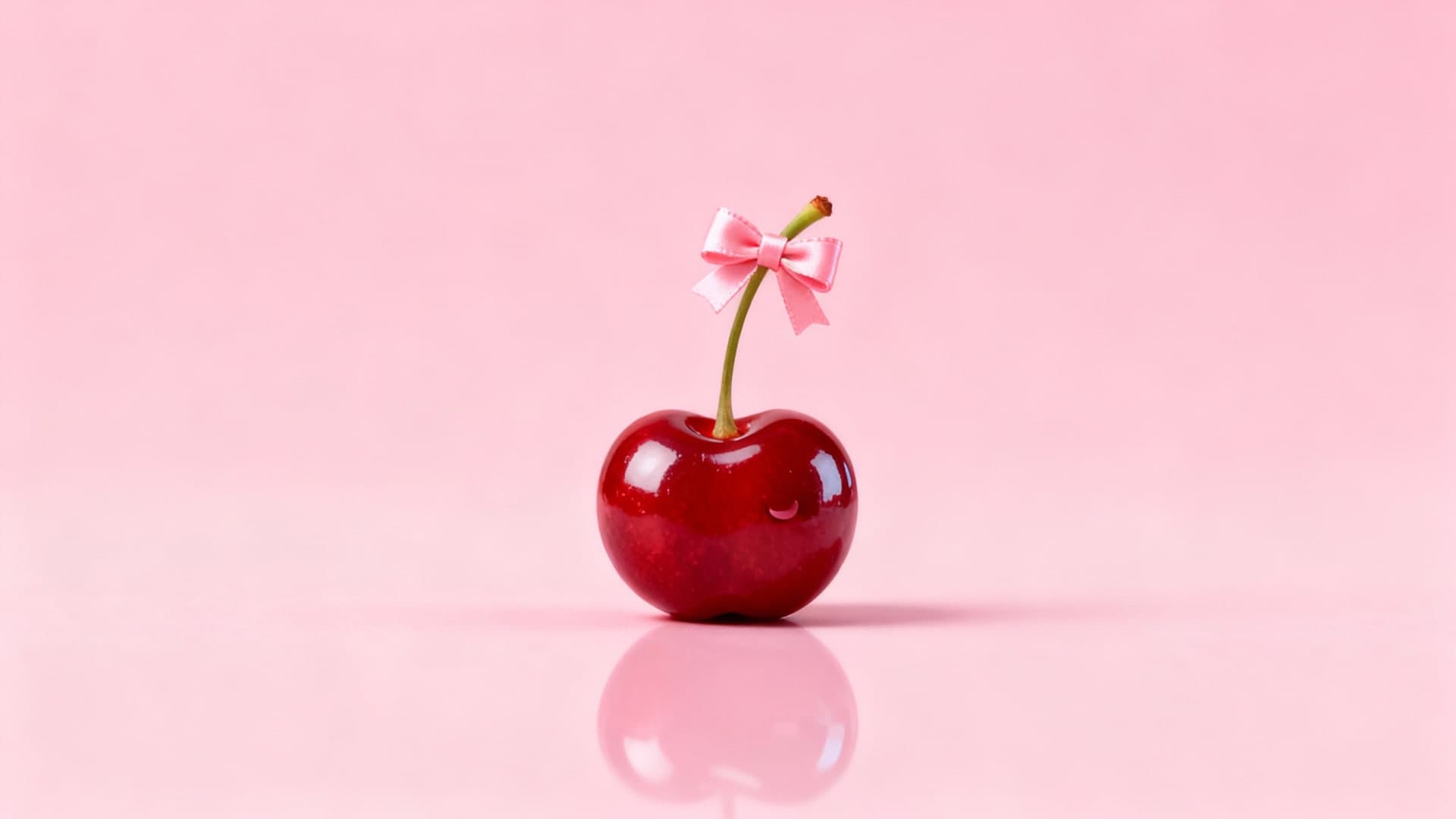 cute glossy cherry illustration with soft pink background, ribbon bow, smooth shine reflections, kawaii sweet aesthetic, minimalist composition, 16:9 wallpaper, no mockup, no text, no watermark, no ui, no logo