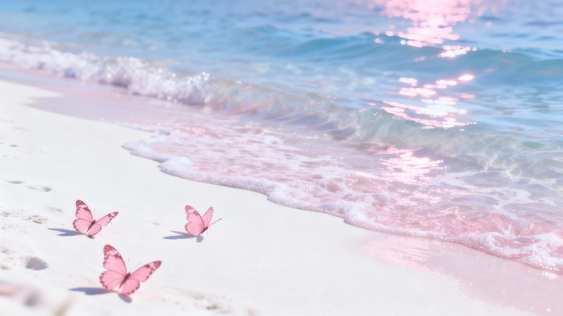 delicate pink butterflies resting by the shoreline, soft waves, white sand, pastel reflections, airy and serene dreamy ocean vibe, high detail, cinematic 16:9, no text, no watermark, no animals besides butterflies, no shadows of objects