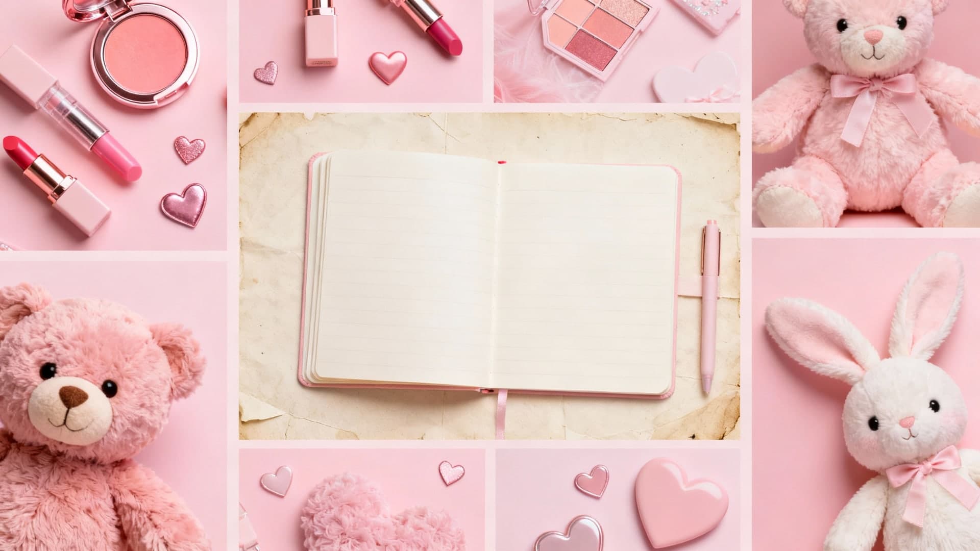 aesthetic pink collage with cute objects, makeup, hearts, notebooks, plush toys, dreamy vintage magazine layout, soft pastel tones, cohesive kawaii moodboard style, cinematic 16:9, no copyright logos, no brand names, no text from real magazines, no watermark