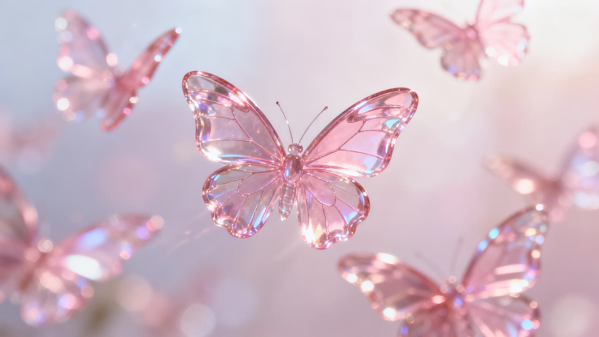 shimmering translucent pink butterflies with glossy glasslike wings, soft dreamy light, pastel background, elegant motion, magical aesthetic, cinematic 16:9 framing, no text, no watermark, no objects aside from butterflies