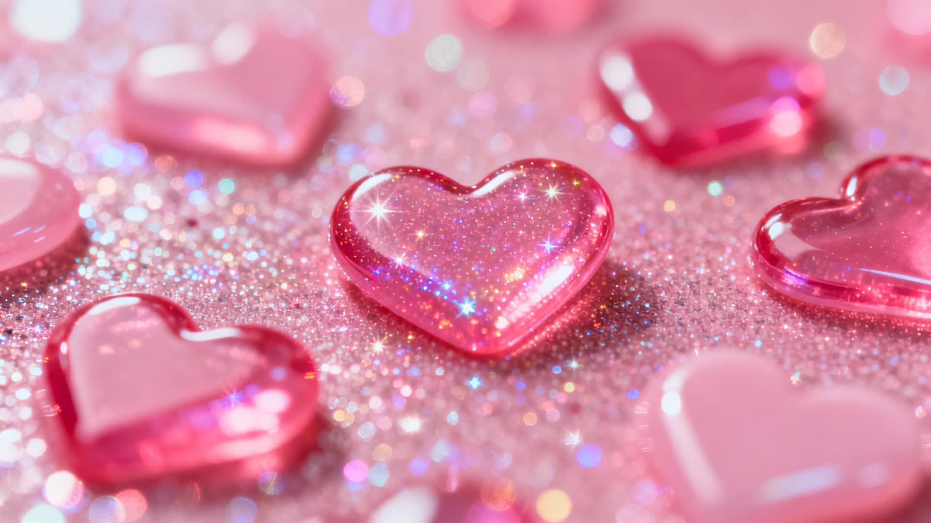 sparkling pink hearts and glossy shapes on glitter texture background, vibrant girly aesthetic, shiny highlights, playful and cute vibe, high detail macro style, 16:9 composition, no text, no watermark, no product mockup, no devices
