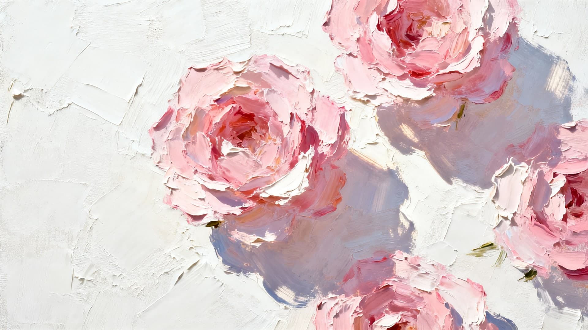 impasto textured pink flowers painted with thick brush strokes on creamy white canvas, soft sunlight shadows, delicate pastel tones, elegant artistic wallpaper, cinematic