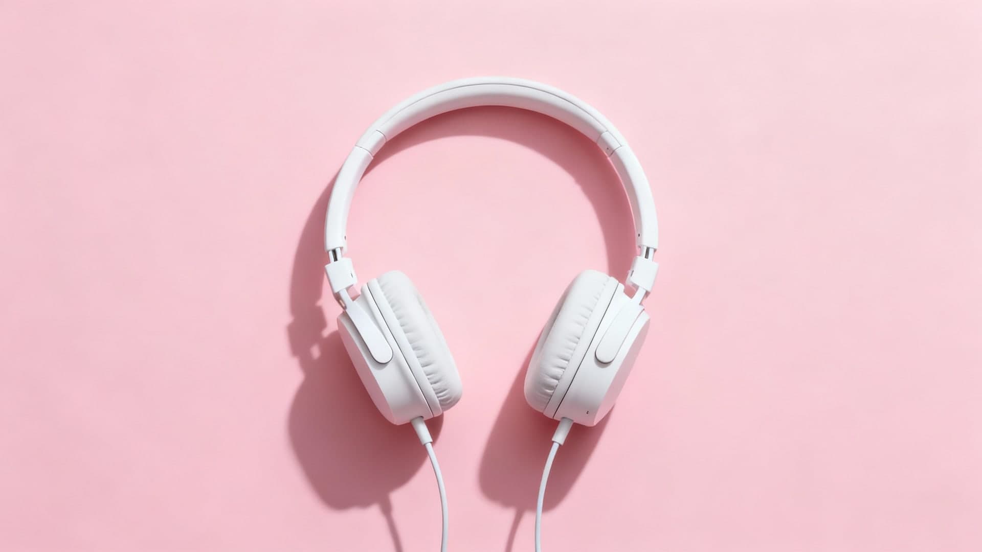 clean pastel pink background with minimalist white headphones
