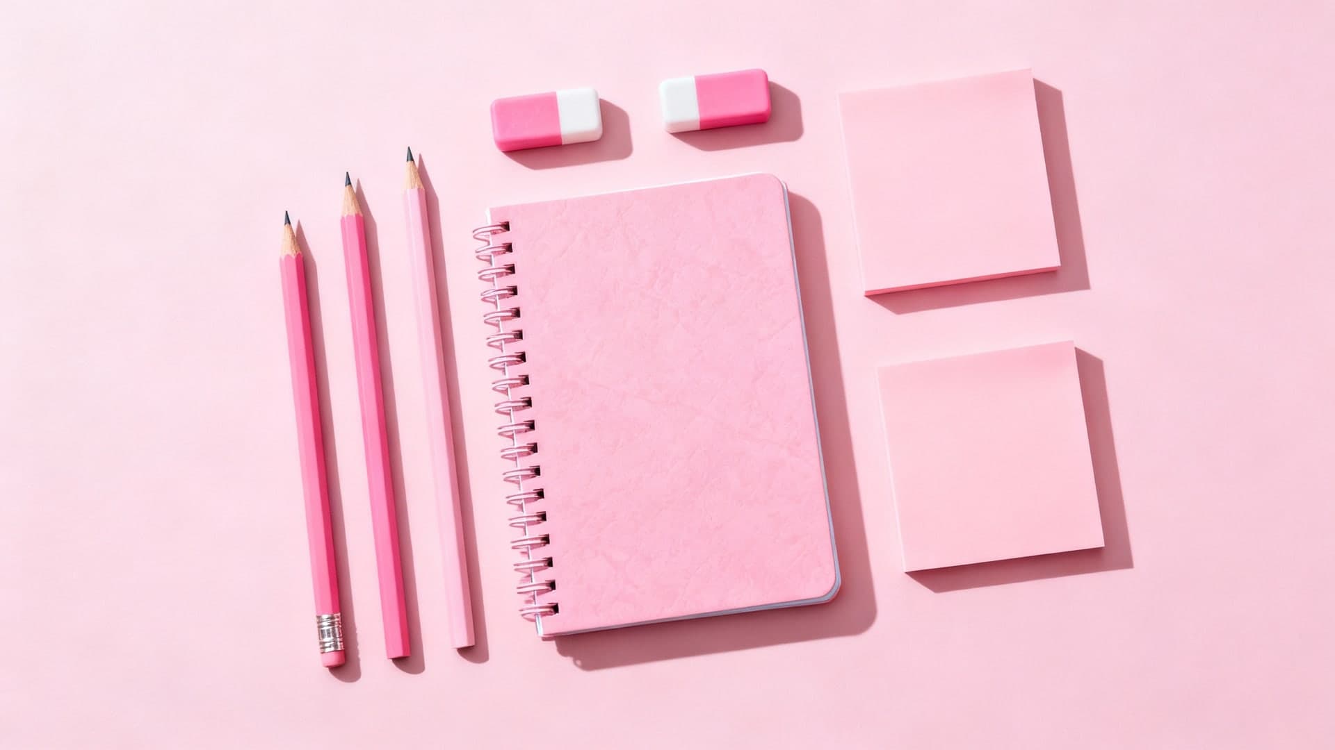 cute pink stationery flatlay on matching background