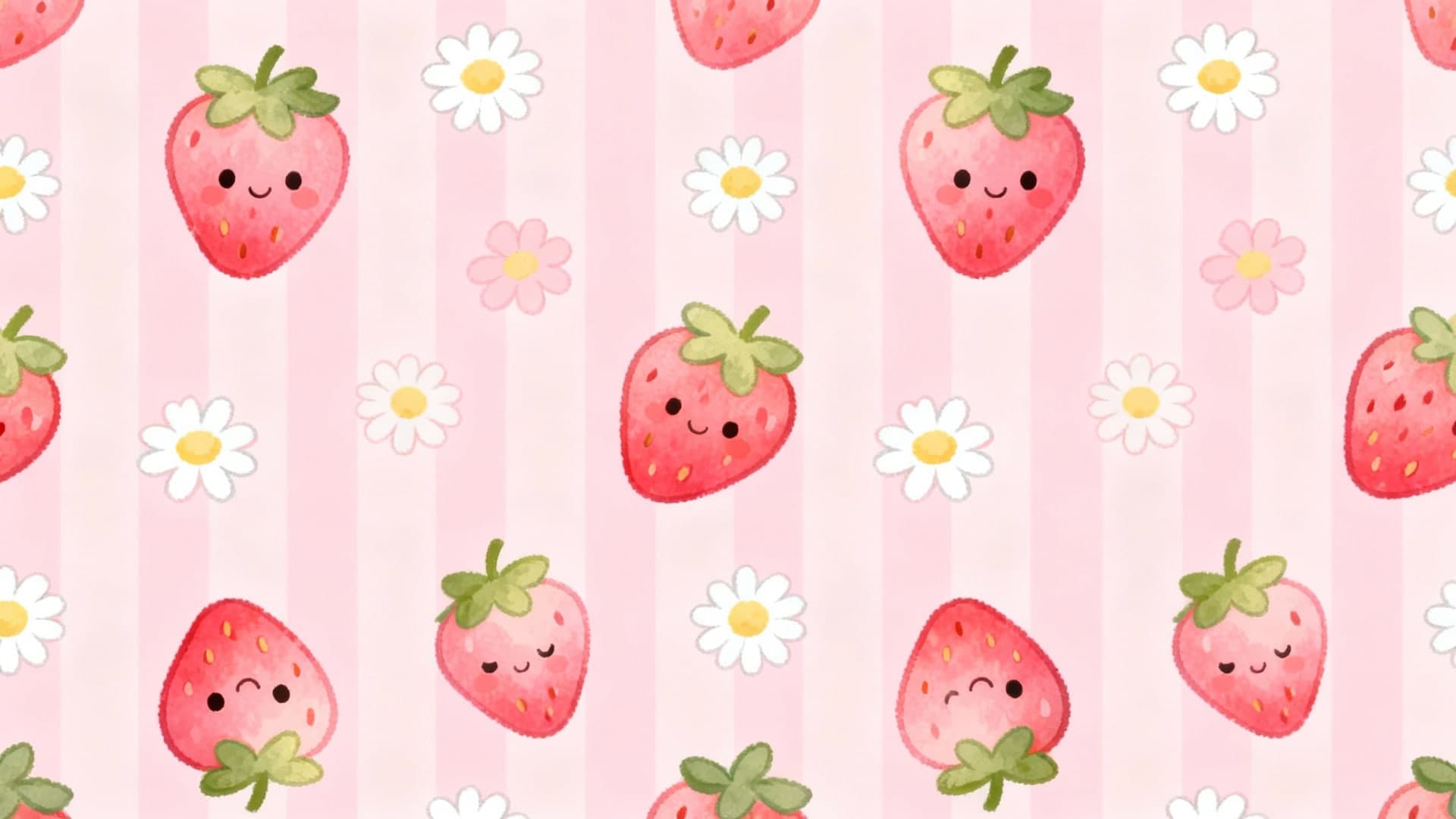pink kawaii repeating pattern with strawberries and daisies, soft pastel stripes background, clean seamless wallpaper, cute and aesthetic, 16:9 composition optimization, no text, no watermark, no frame edges, no noise